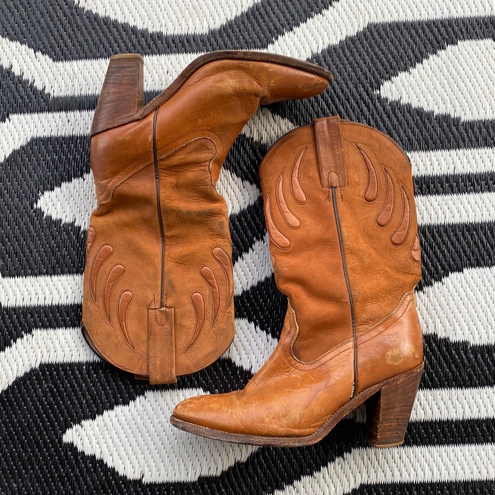 Frye Tan Leather Western Heeled Boots